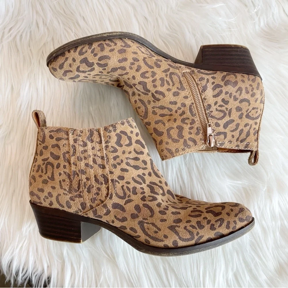Lucky Brand Bimare Leather Ankle Bootie Javan Natural Leopard Printed Cow Suede